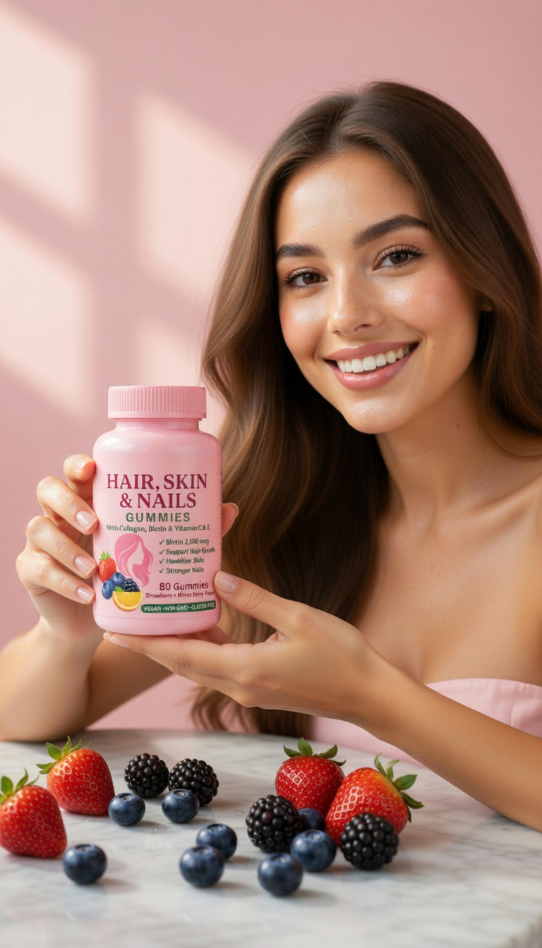 Gummies Cheveux, Peau & Ongles – Biotine 2 500 mcg + Collagène | 80 Gummies Végans Fraise & Fruits Rouges
